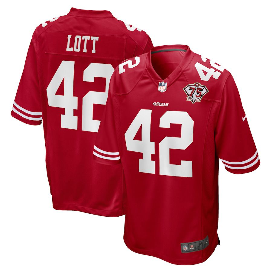 Men San Francisco 49ers 42 Ronnie Lott Nike Scarlet 75th Anniversary Game Retired Player NFL Jersey
